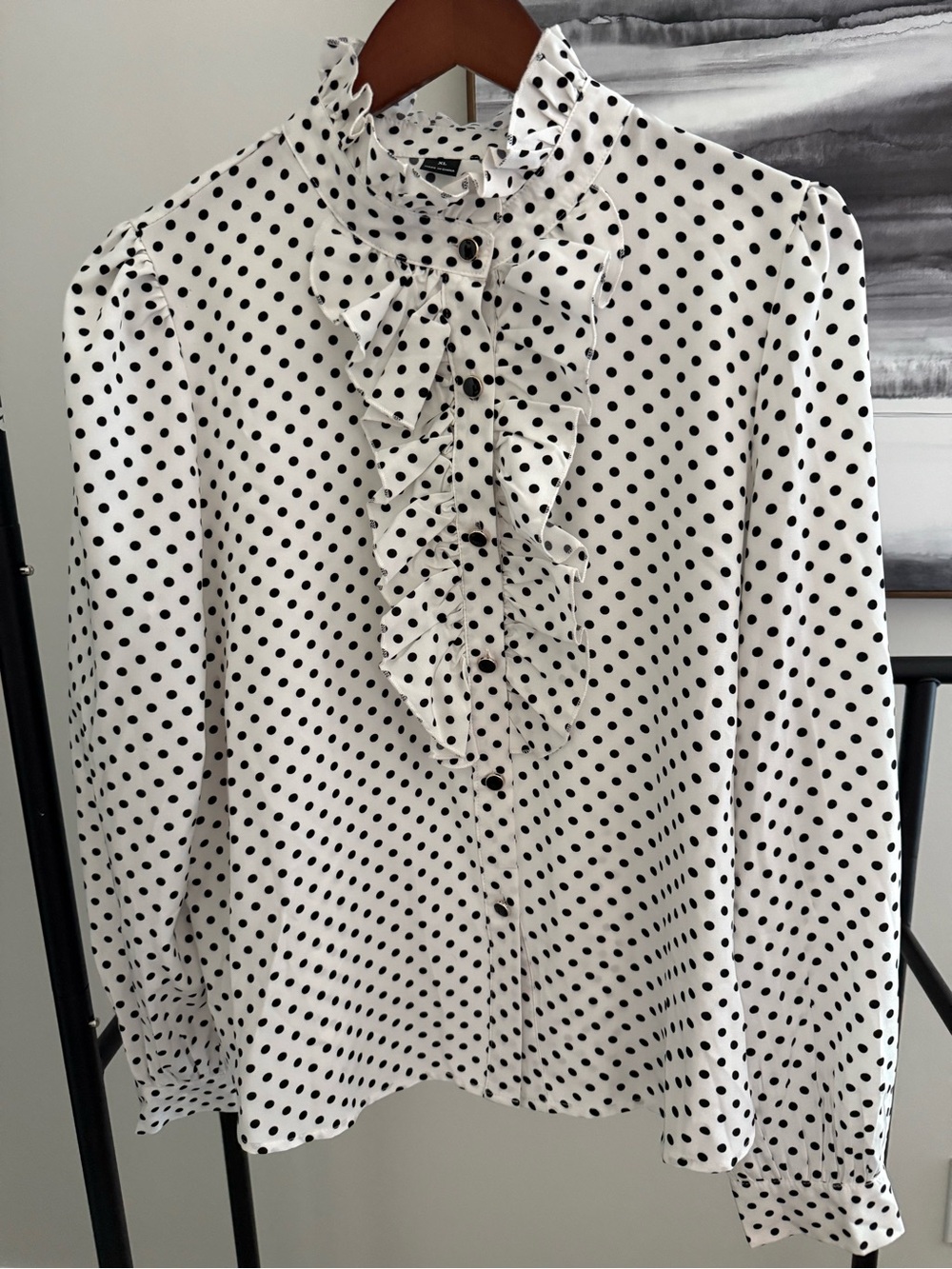 SHEIN White Blouse with Black Polka Dots and Ruffle Front
